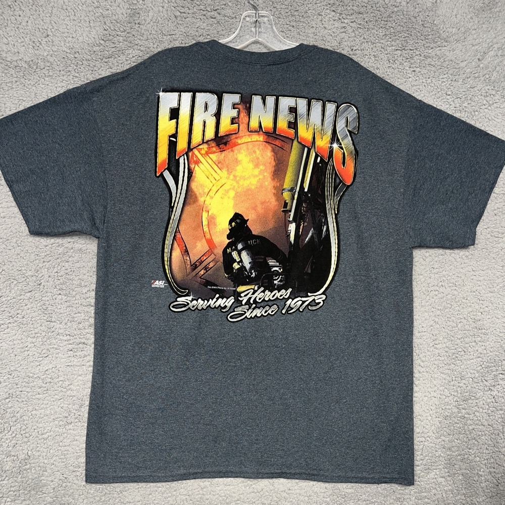 ASI Fire News‎ T Shirt Men's Size XL Gray Serving Heroes Fire Rescue 2014 Tee